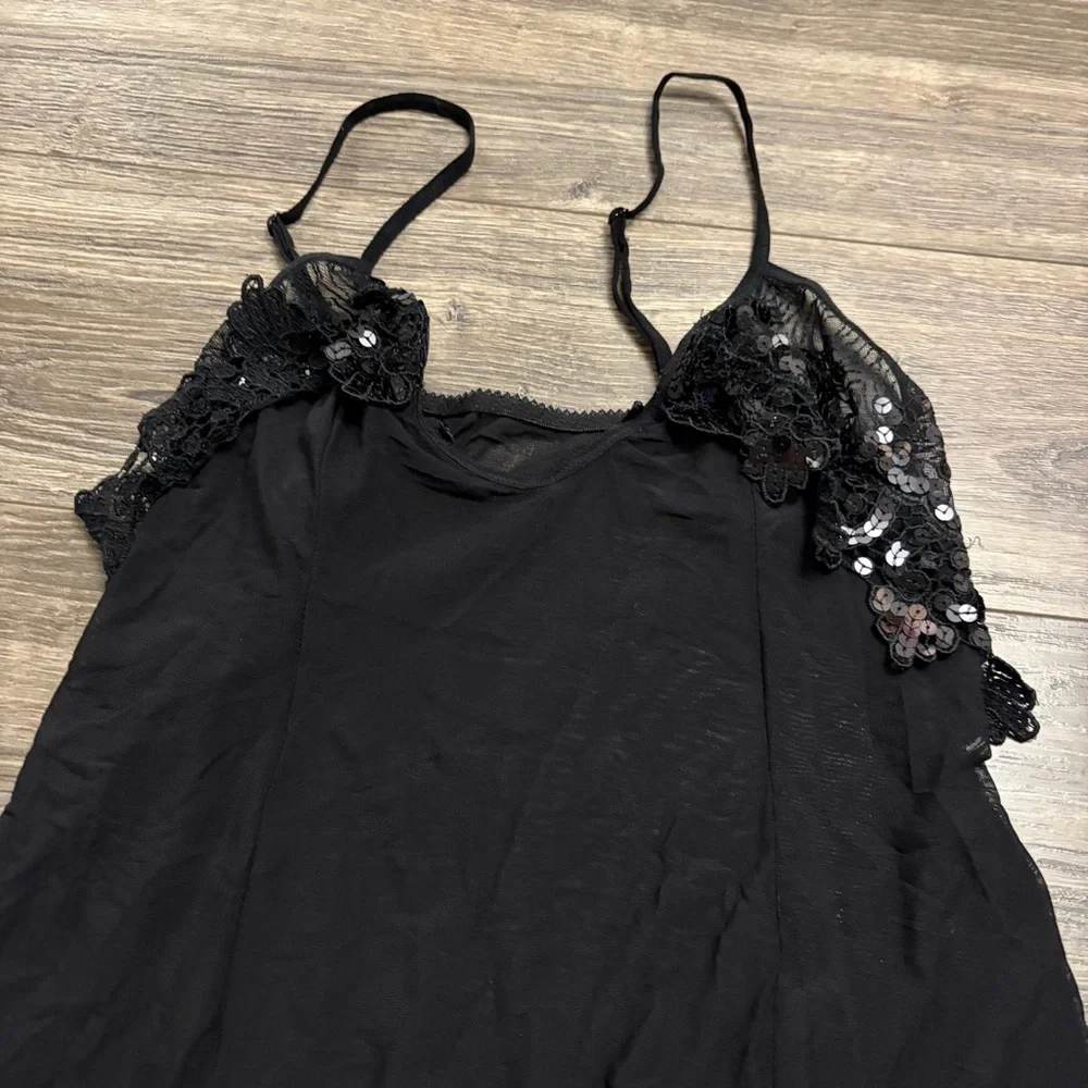 90s Italian Vintage LeMila Sheer Sequin Cups Babydoll Slip (Black) Size M